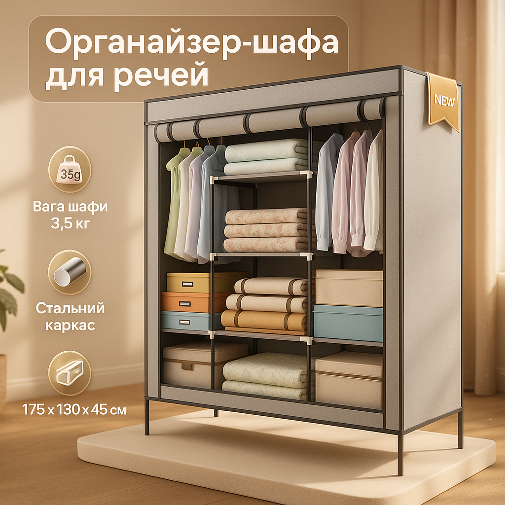 Шафа тканинна 3 секції складана з каркасом STORAGE WARDROBE 175 х 130 х 45 см. Колір: сірий - Зображення 6