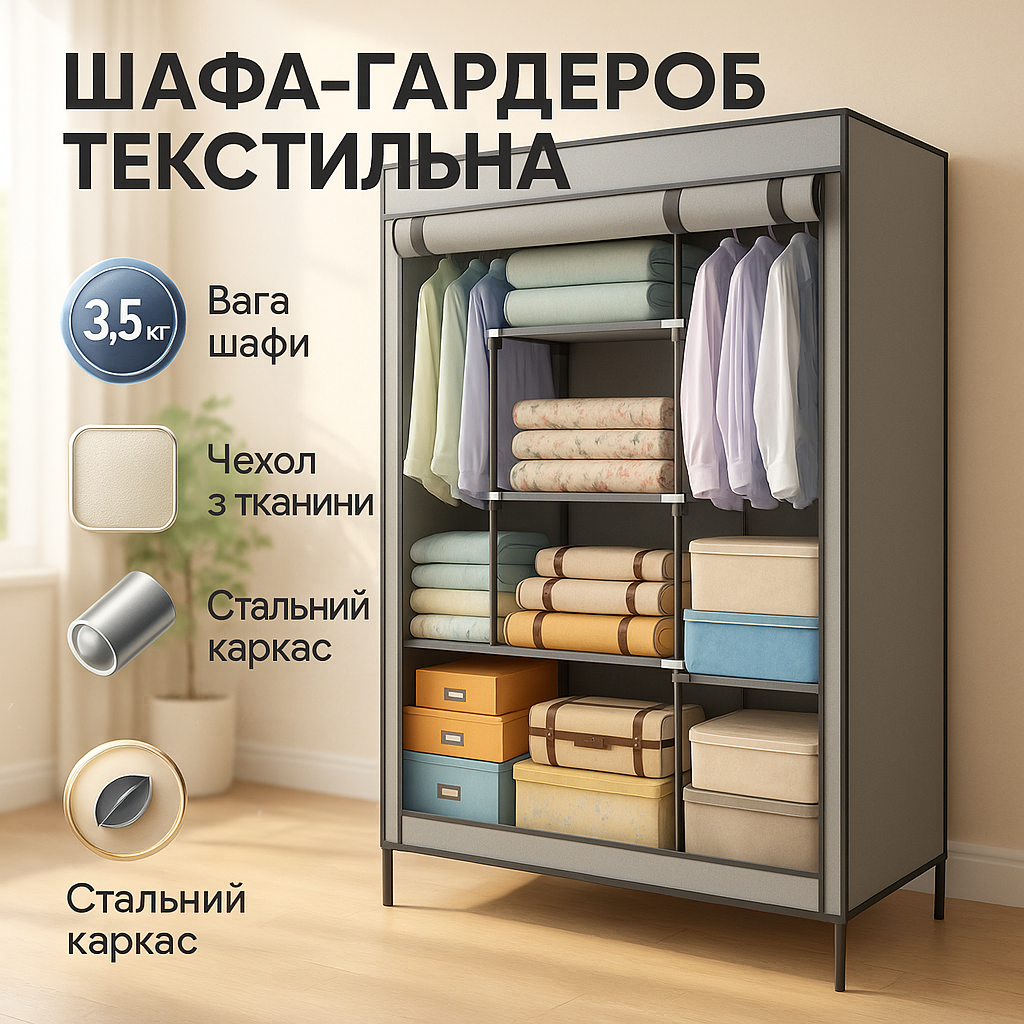 Шафа тканинна 3 секції складана з каркасом STORAGE WARDROBE 175 х 130 х 45 см. Колір: сірий - Зображення 5