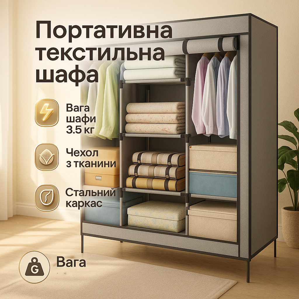 Шафа тканинна 3 секції складана з каркасом STORAGE WARDROBE 175 х 130 х 45 см. Колір: сірий - Зображення 4