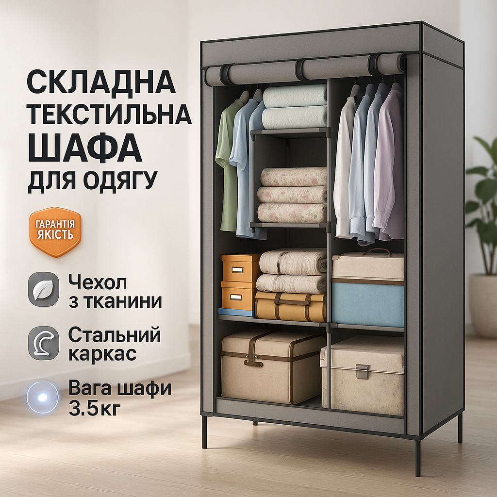 Шафа тканинна 3 секції складана з каркасом STORAGE WARDROBE 175 х 130 х 45 см. Колір: сірий - Зображення 2