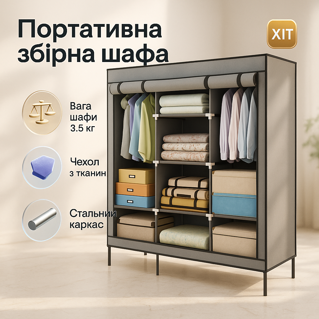 Шафа тканинна 3 секції складана з каркасом STORAGE WARDROBE 175 х 130 х 45 см. Колір: сірий