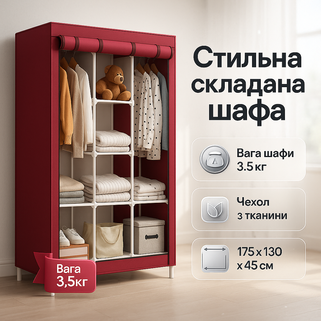 Шафа тканинна 3 секції складана з каркасом STORAGE WARDROBE 175 х 130 х 45 см. Колір: червоний - Зображення 6