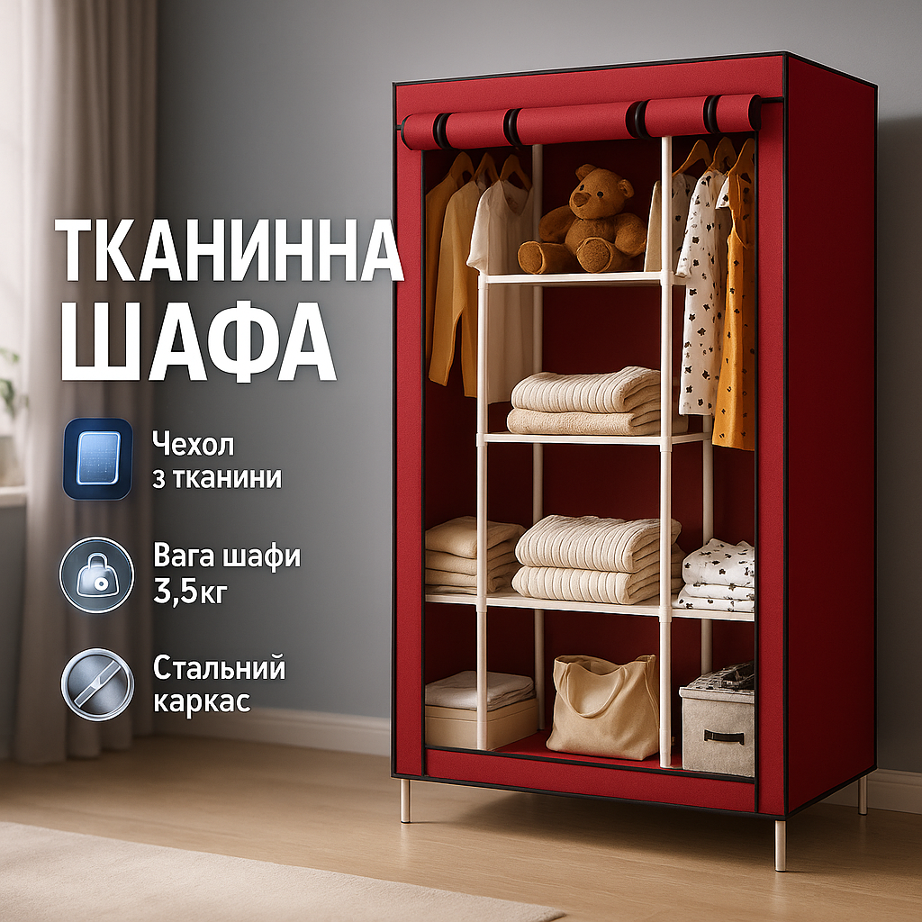 Шафа тканинна 3 секції складана з каркасом STORAGE WARDROBE 175 х 130 х 45 см. Колір: червоний - Зображення 5