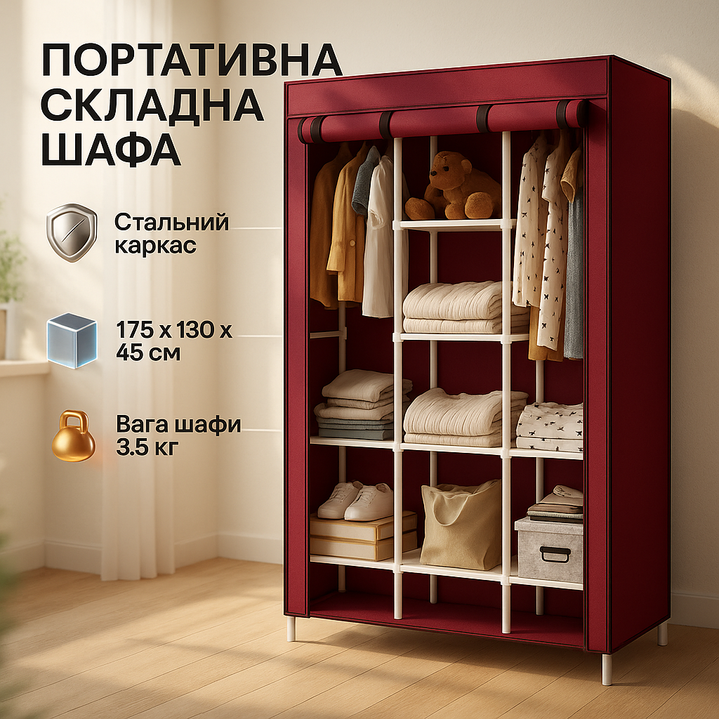 Шафа тканинна 3 секції складана з каркасом STORAGE WARDROBE 175 х 130 х 45 см. Колір: червоний - Зображення 4