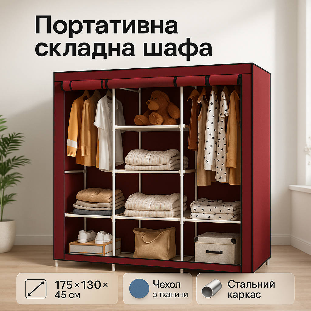 Шафа тканинна 3 секції складана з каркасом STORAGE WARDROBE 175 х 130 х 45 см. Колір: червоний
