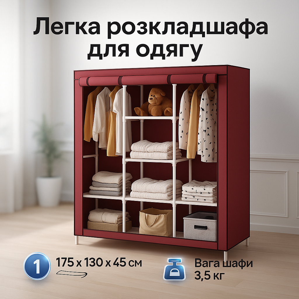 Шафа тканинна 3 секції складана з каркасом STORAGE WARDROBE 175 х 130 х 45 см. Колір: червоний - Зображення 3