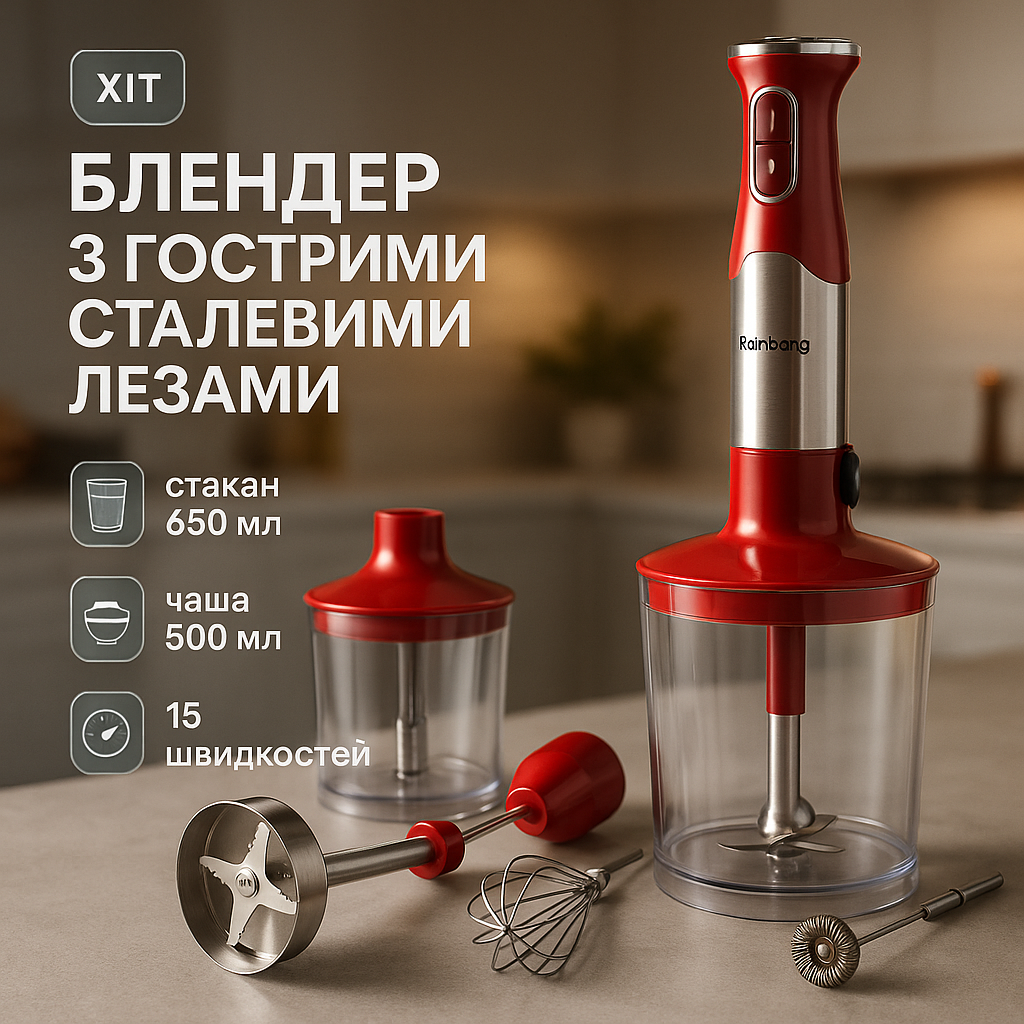 Блендер 5в1 Rainberg RB-2307 багатофункціональний занурювальний та стаціонарний Red - Зображення 5