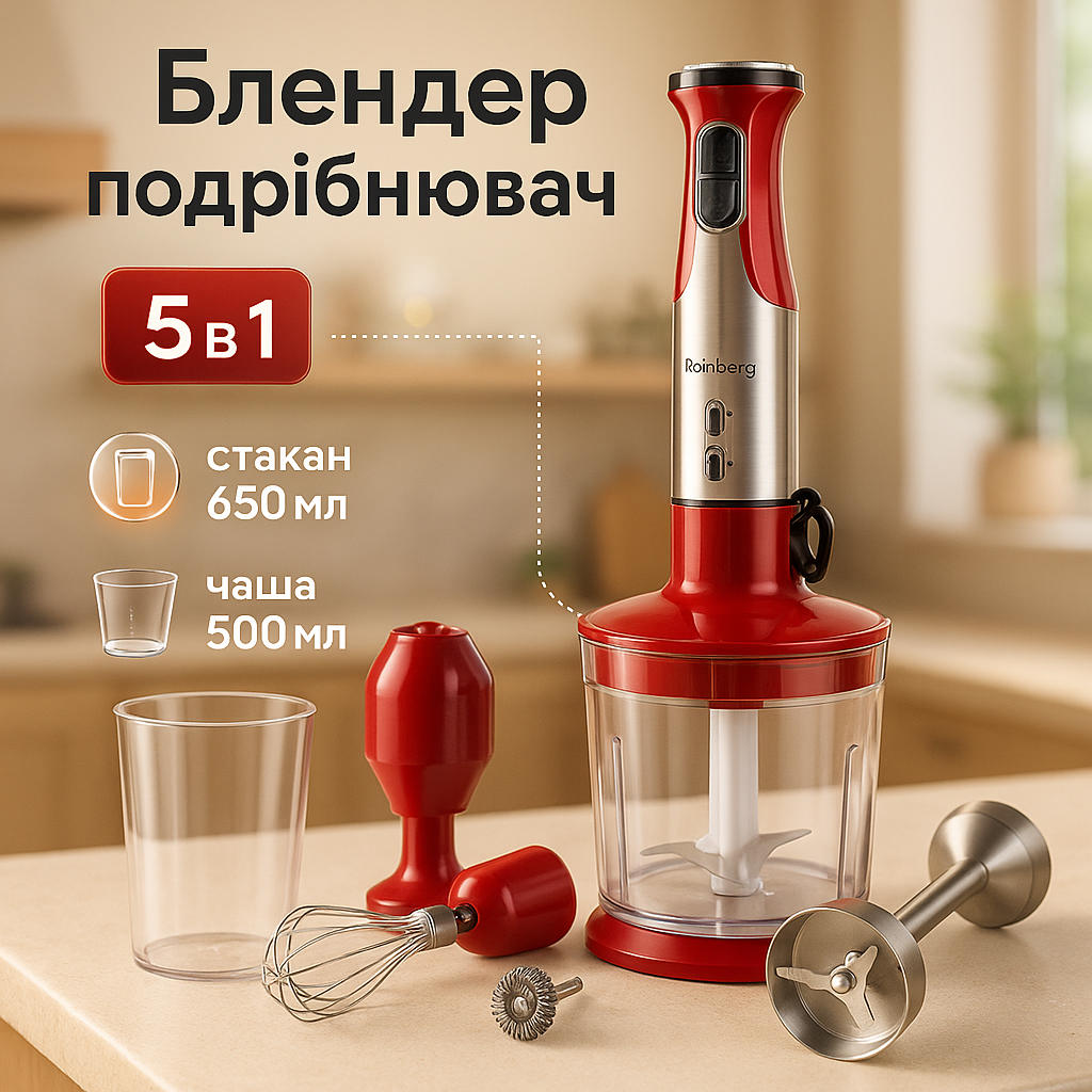 Блендер 5в1 Rainberg RB-2307 багатофункціональний занурювальний та стаціонарний Red - Зображення 4