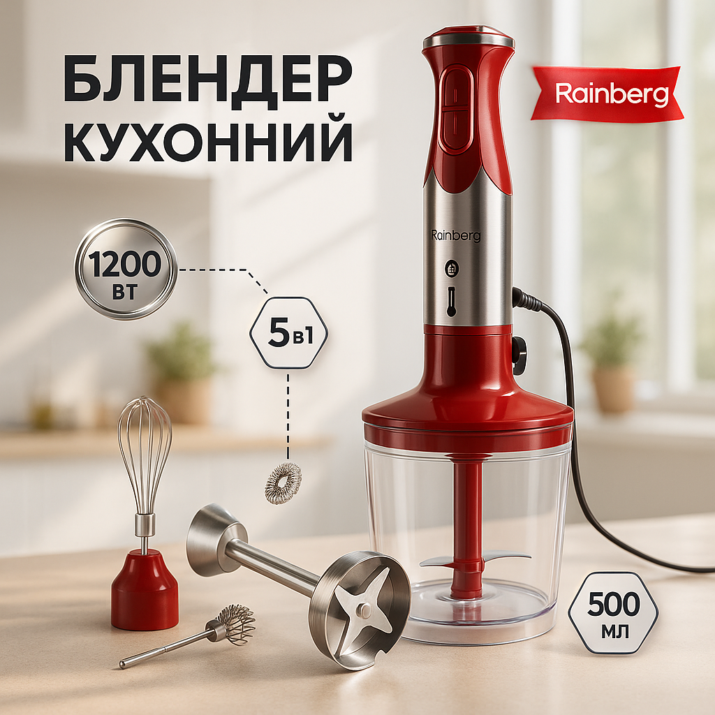 Блендер 5в1 Rainberg RB-2307 багатофункціональний занурювальний та стаціонарний Red - Зображення 3