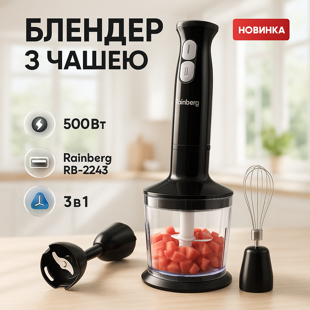 Блендер 3в1 Rainberg RB-2243 500Вт занурювальний блендер подрібнювач, блендер для дитячого пюре Black - Зображення 6