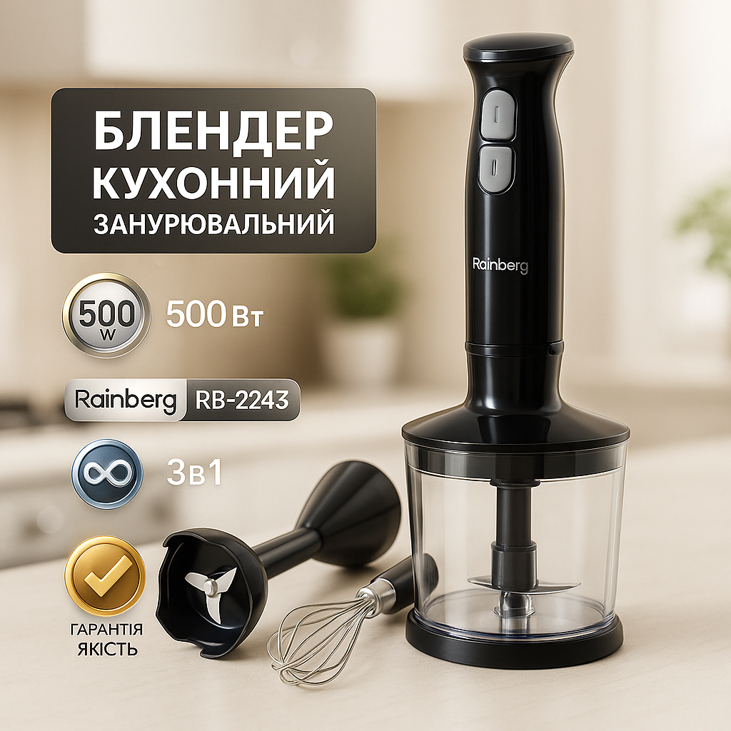 Блендер 3в1 Rainberg RB-2243 500Вт занурювальний блендер подрібнювач, блендер для дитячого пюре Black - Зображення 8