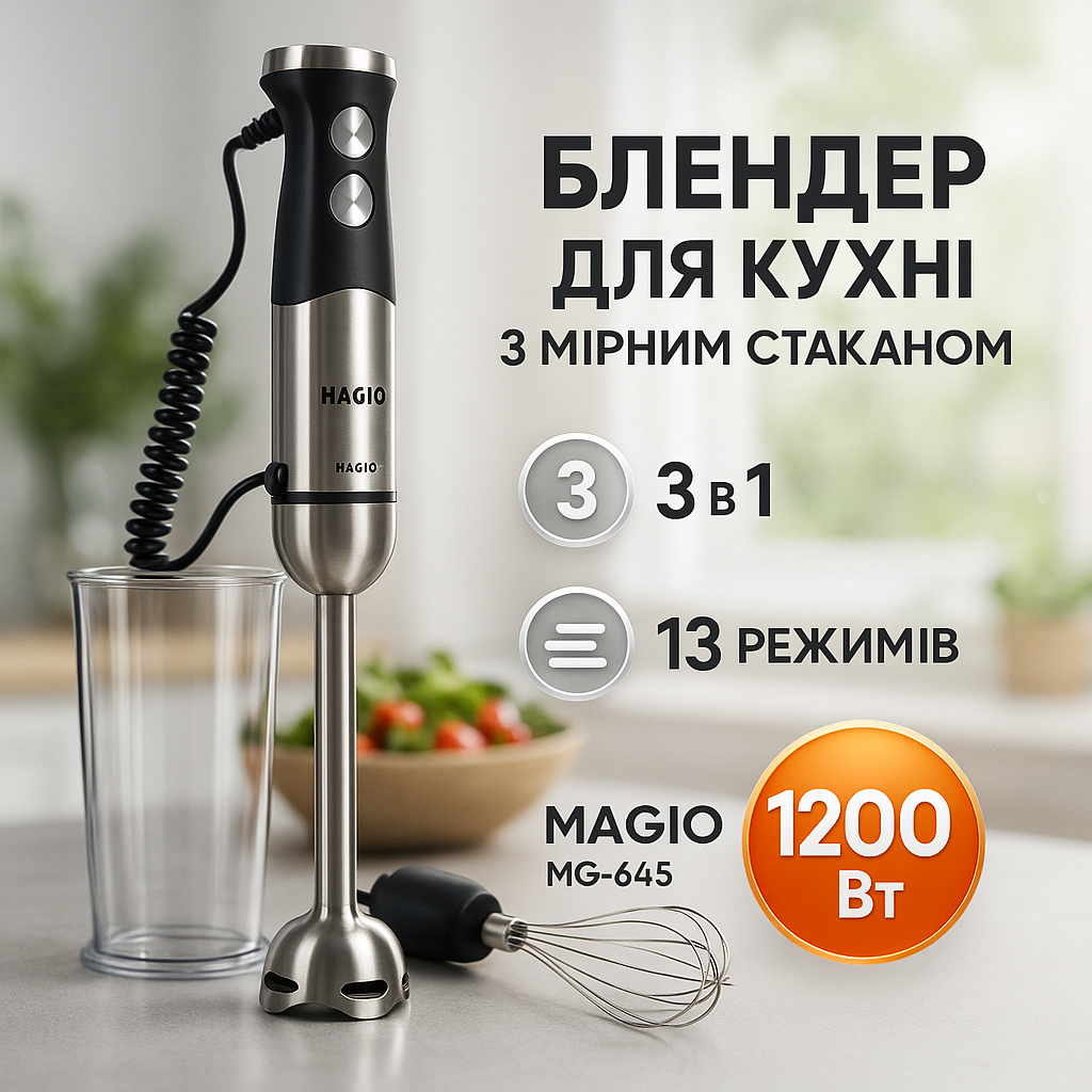 Блендер занурювальний 3в1 Magio MG-645 1200 Вт, міксер блендер ручний, блендер для молочних коктейлів - Зображення 3