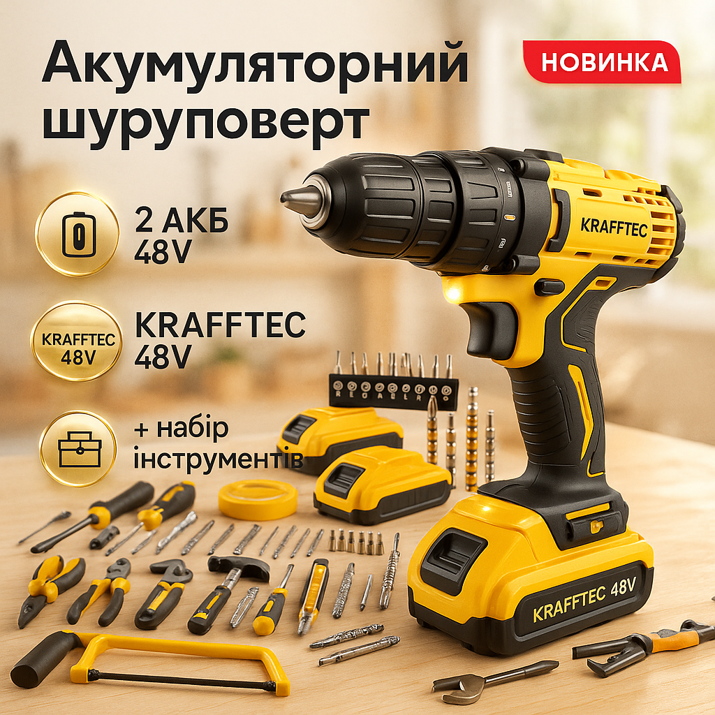 Акумуляторний шуруповерт KRAFFTEC 48V з набором інструментів для дому - Зображення 5