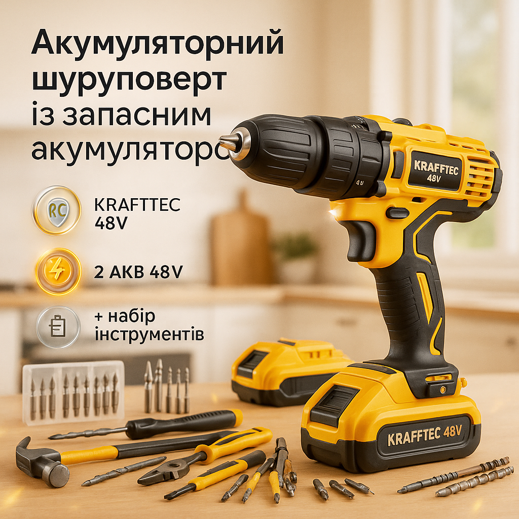 Акумуляторний шуруповерт KRAFFTEC 48V з набором інструментів для дому - Зображення 3