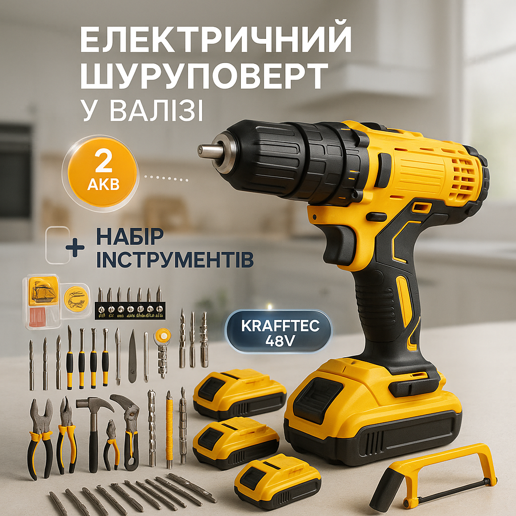 Акумуляторний шуруповерт KRAFFTEC 48V з набором інструментів для дому - Зображення 2