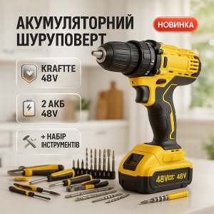 Акумуляторний шуруповерт KRAFFTEC 48V з набором інструментів для дому