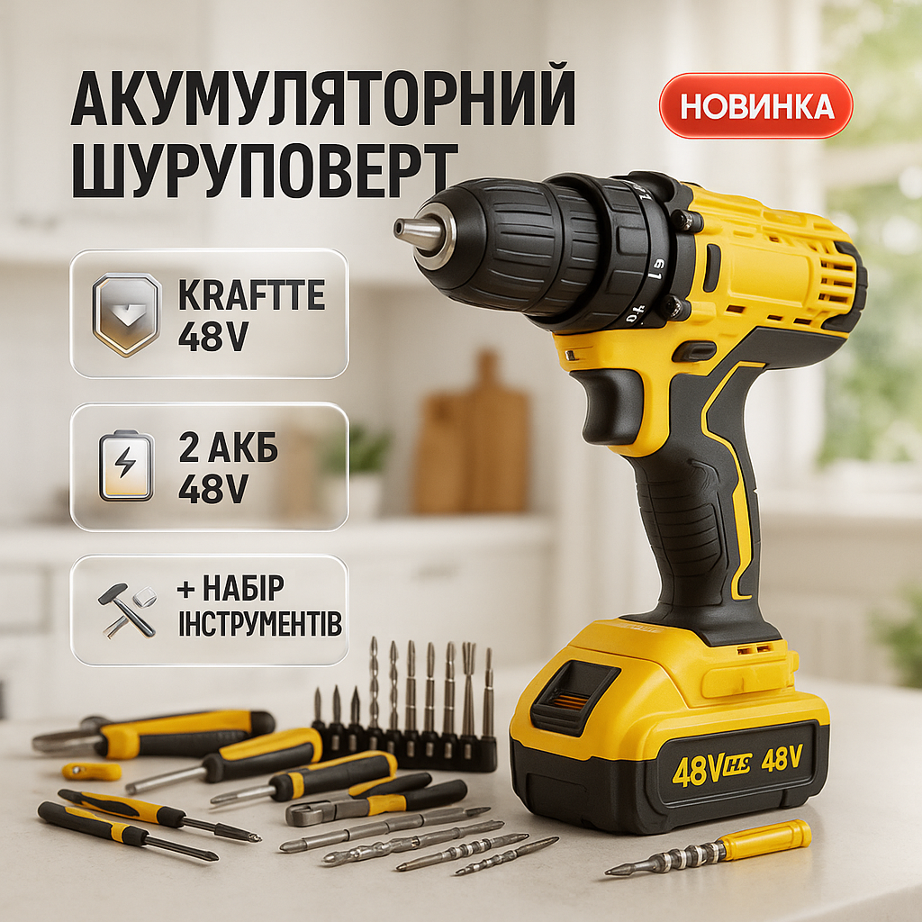Акумуляторний шуруповерт KRAFFTEC 48V з набором інструментів для дому