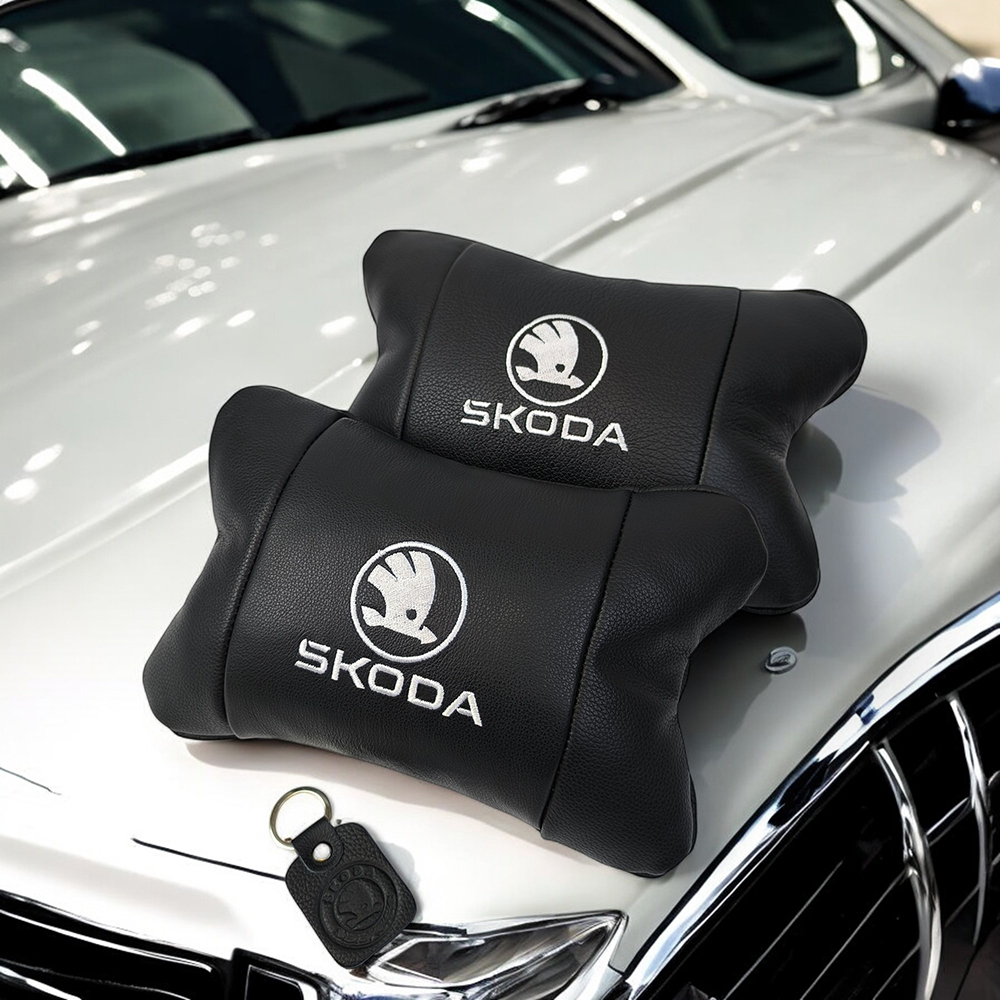 Автомобільні подушки 2 шт на підголівник Skoda / Шкода, з натуральної шкіри, стильний аксесуар для вашого авто - Зображення 3