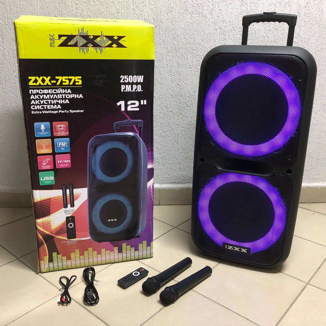Акустична переносна колонка ZXX-7575 300 Вт акумуляторна з мікрофонами 80х39х33 см - Зображення 8
