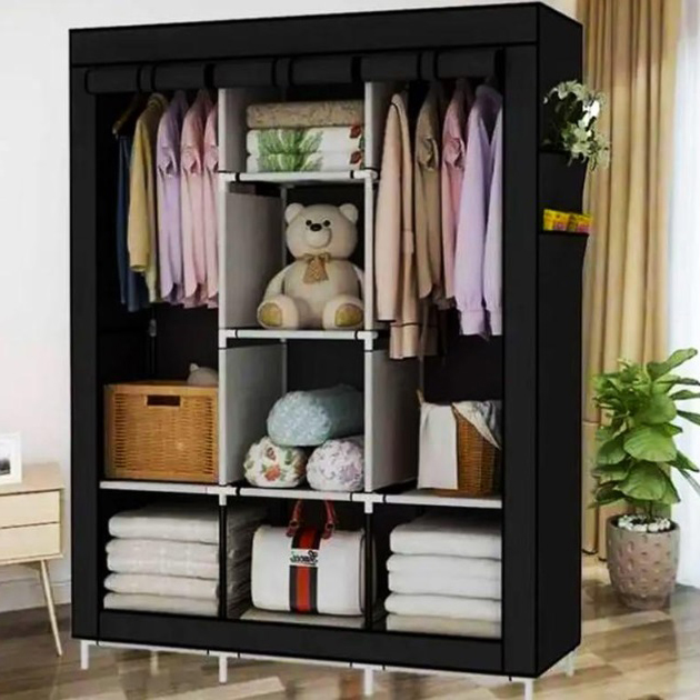 Шафа тканинна 3 секції складана з каркасом STORAGE WARDROBE 175 х 130 х 45 см. Колір: чорний - Зображення 6