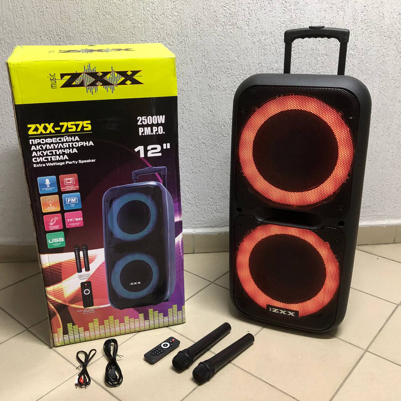 Акустична переносна колонка ZXX-7575 300 Вт акумуляторна з мікрофонами 80х39х33 см - Зображення 10