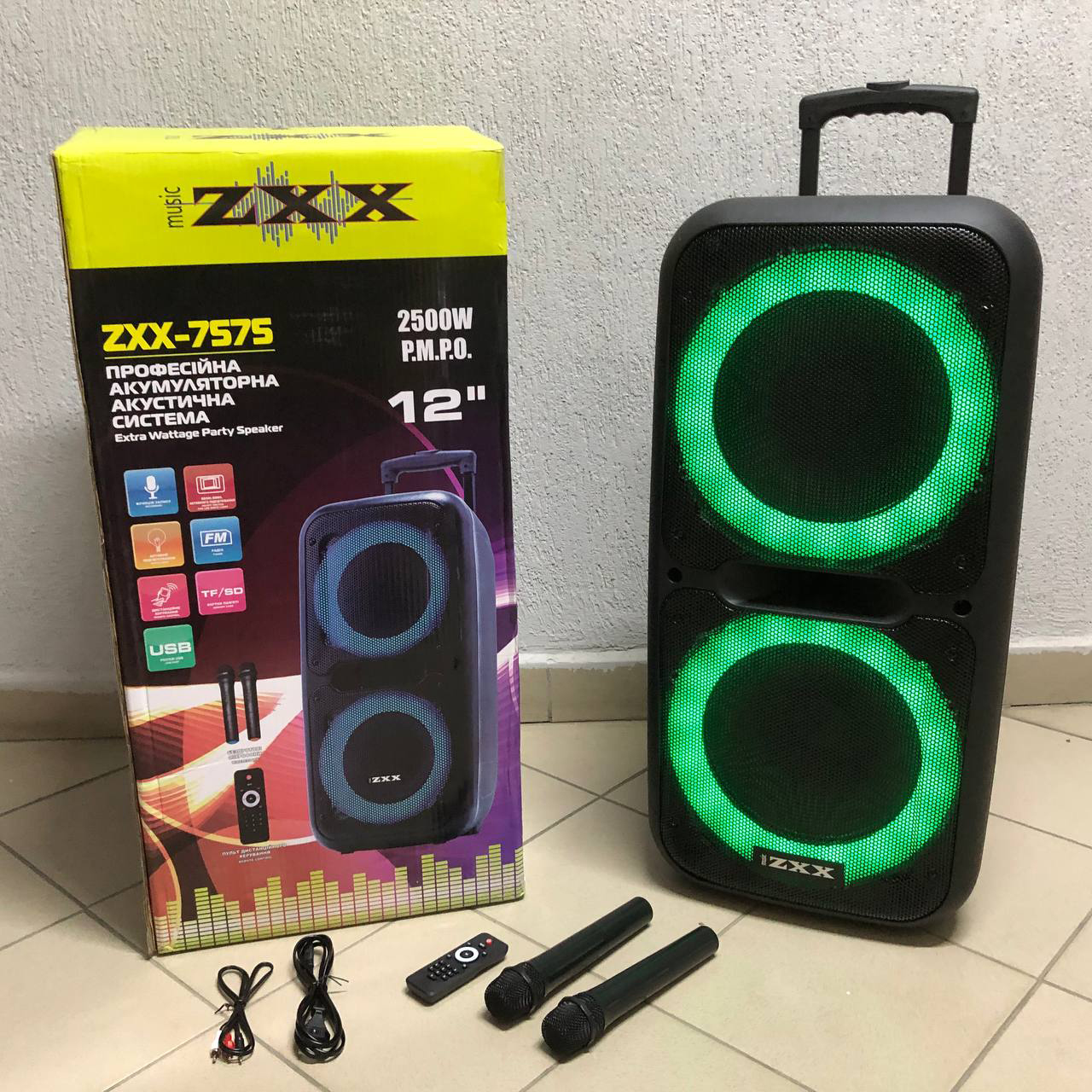 Акустична переносна колонка ZXX-7575 300 Вт акумуляторна з мікрофонами 80х39х33 см - Зображення 11