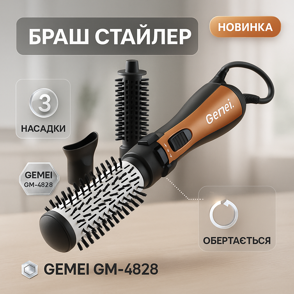 Фен Щітка Gemei Gm-4828 Браш Стайлер гребінець Для Брашинга, Фен щітка 3 в 1, Фен браш Gemei - Зображення 4