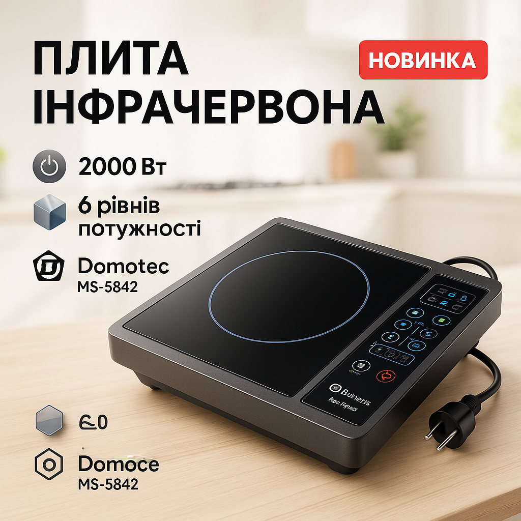 Плита інфрачервона Domotec MS-5842 на 1 конфорку, потужна настільна електроплита, індукційна плита міні
