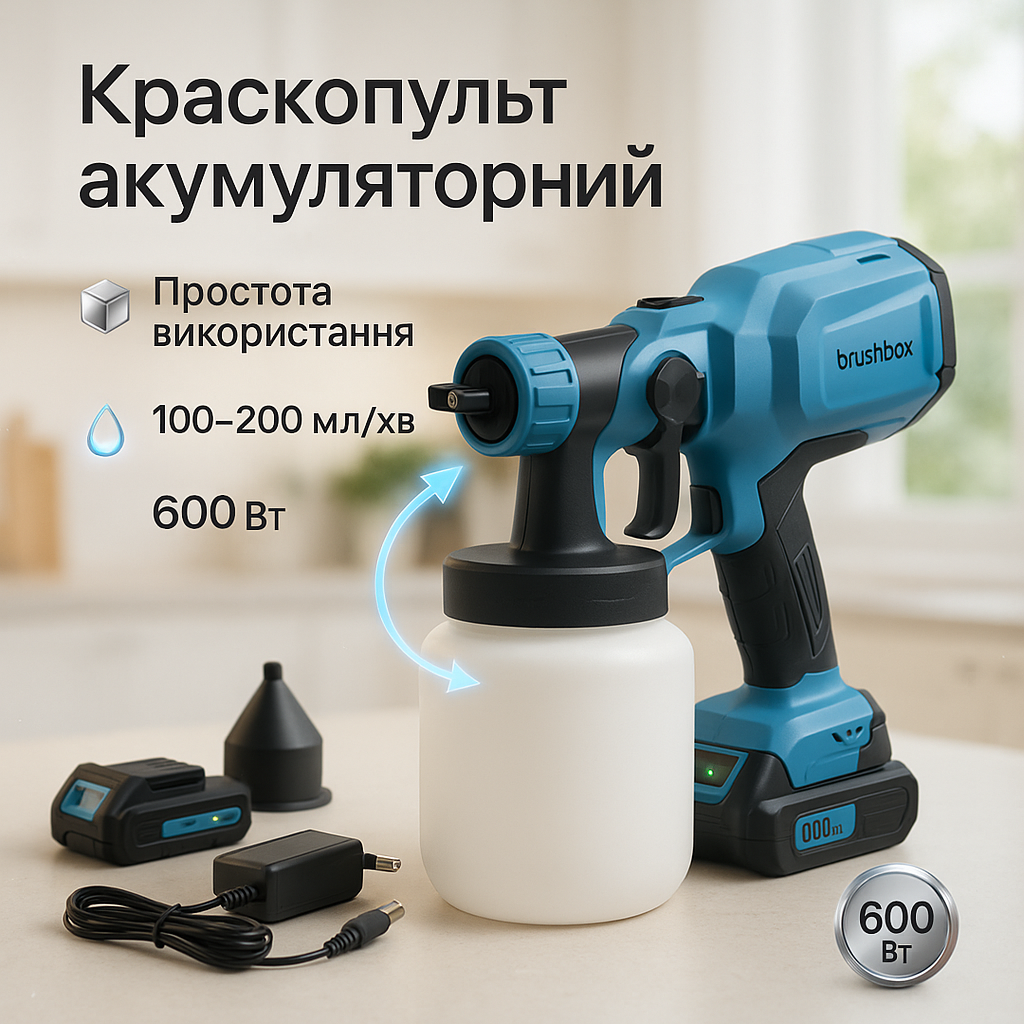 Краскопульт акумуляторний Krafftec 48V/2Ah 600Вт 800 мл фарборозпилювач портативний - Зображення 5