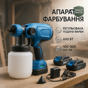 Краскопульт акумуляторний Krafftec 48V/2Ah 600Вт 800 мл фарборозпилювач портативний