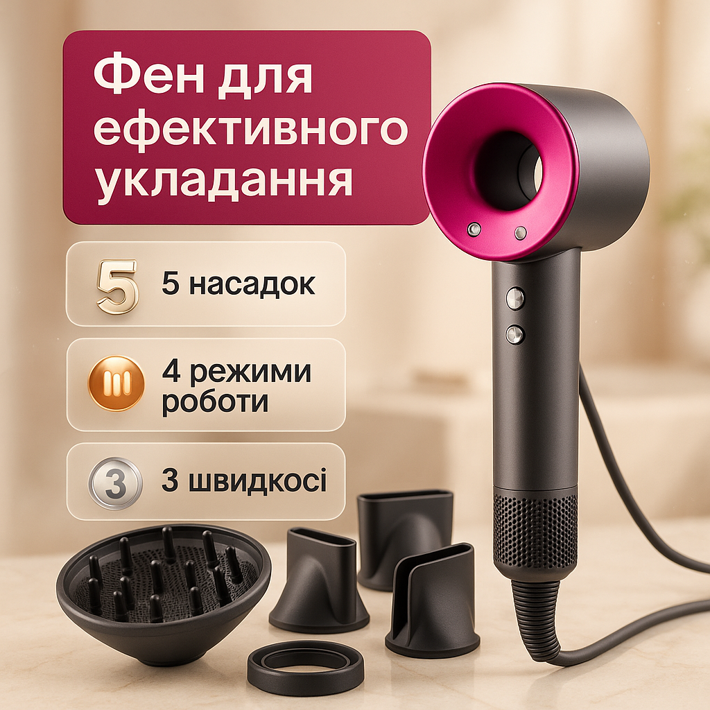 Фен Super Hair Dryer з 5 насадками для швидкого сушіння та укладання волосся - Зображення 3