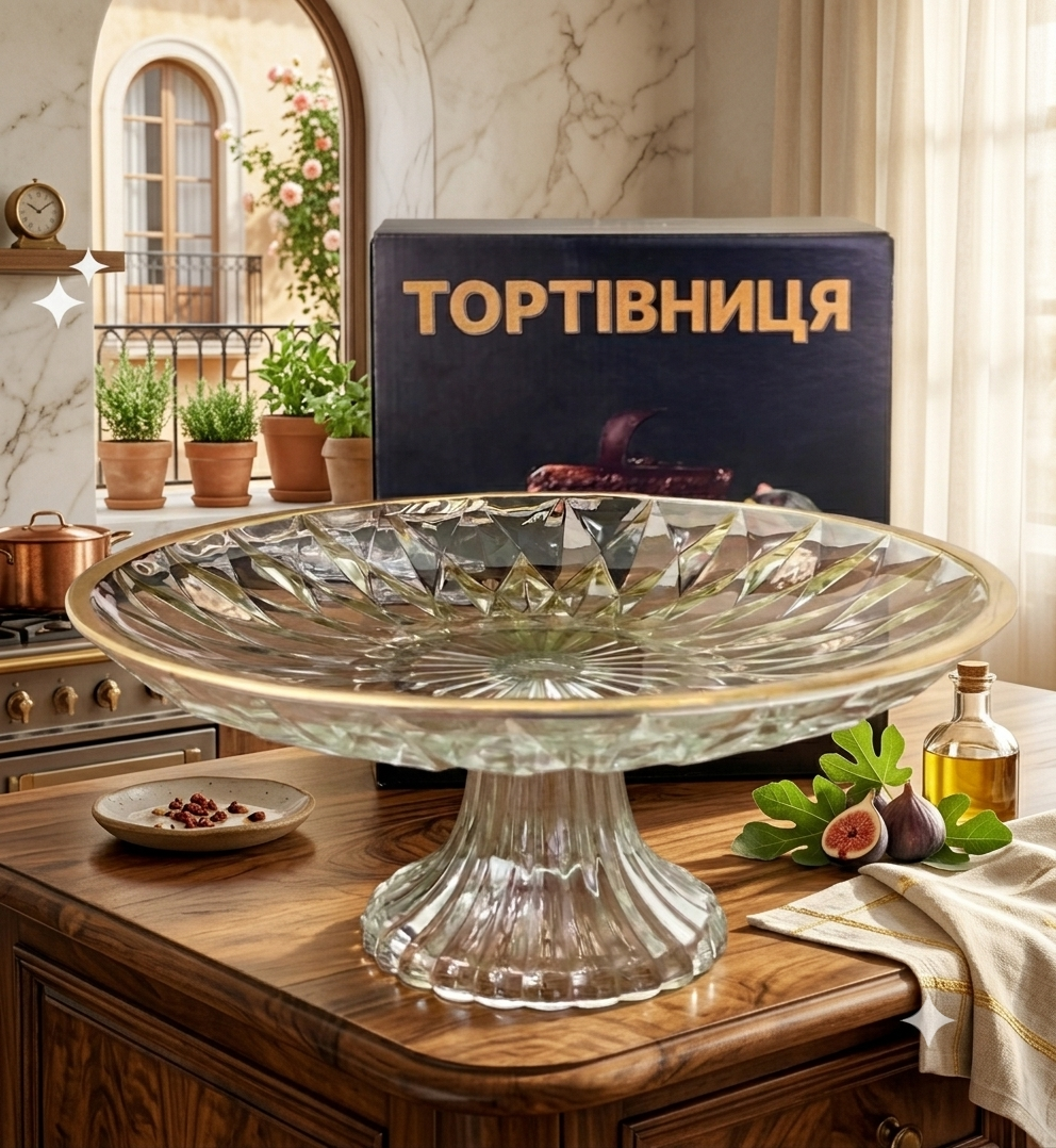 Тортівниця на ніжці скляна із золотим кантом "Golden Rim" (9195) - Зображення 2