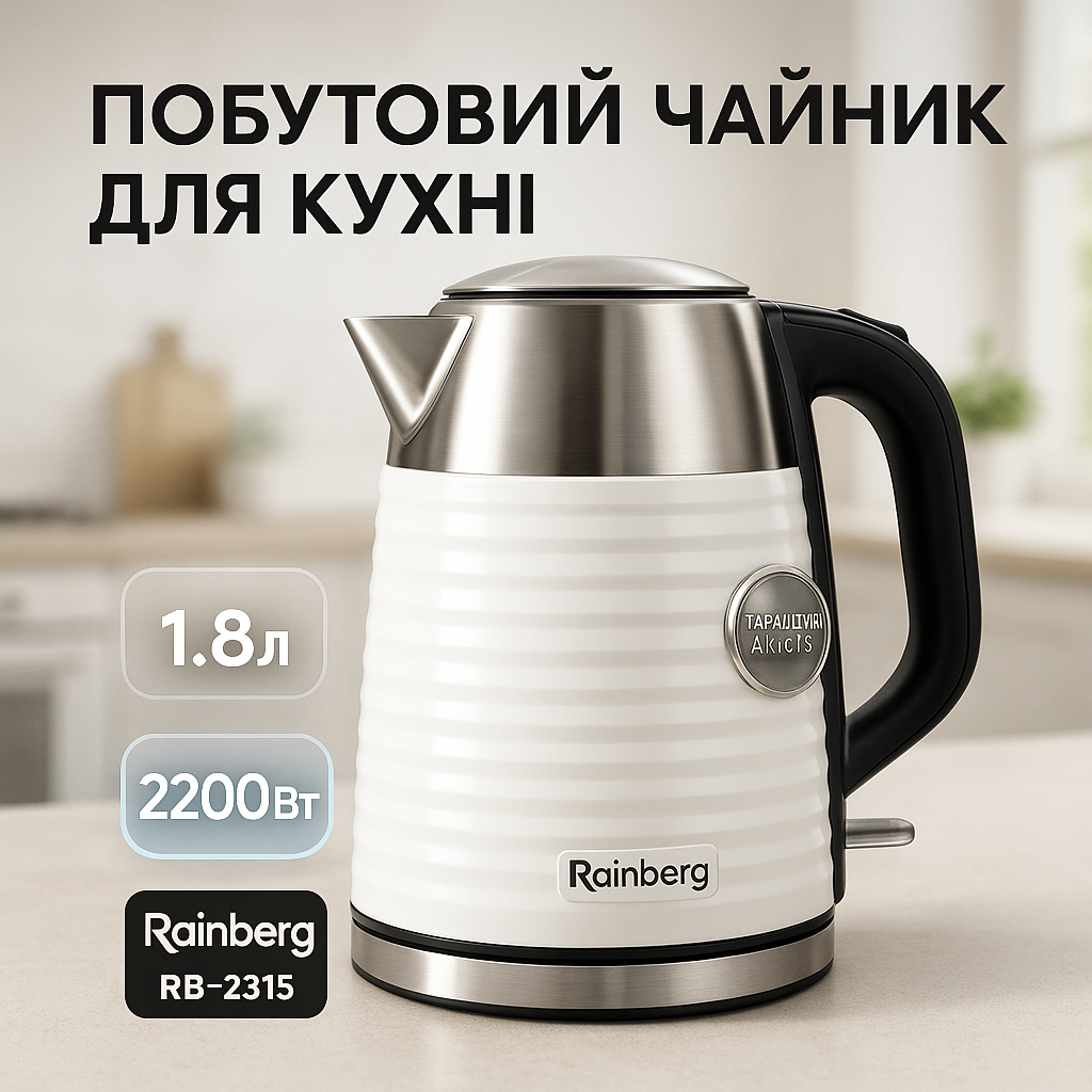 Чайник електричний Rainberg RB-2315 1.8л 2200Вт White - Зображення 2
