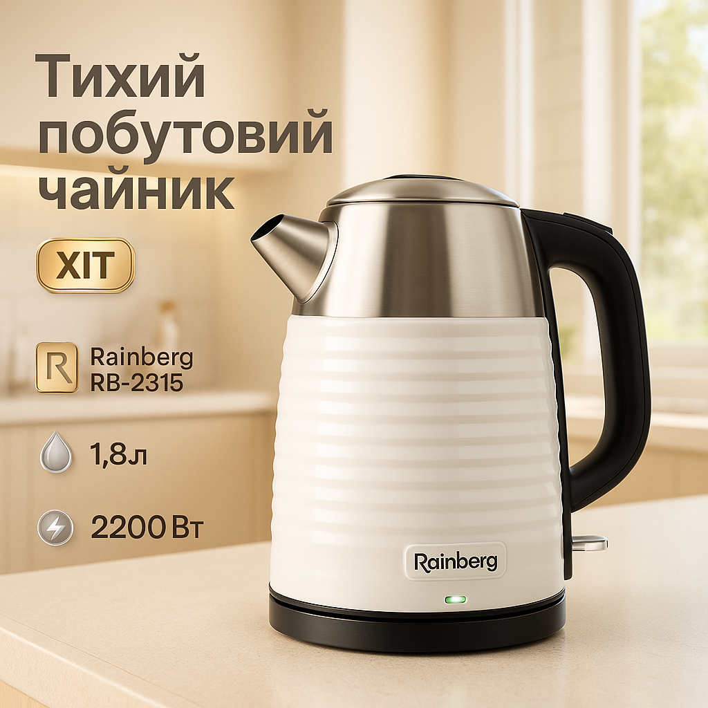 Чайник електричний Rainberg RB-2315 1.8л 2200Вт White - Зображення 3
