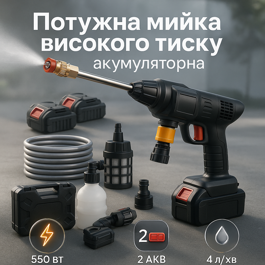 Акумуляторна Мийка з 2-ма АКБ Портативна Ручна Високого Тиску Універсальна - Зображення 7