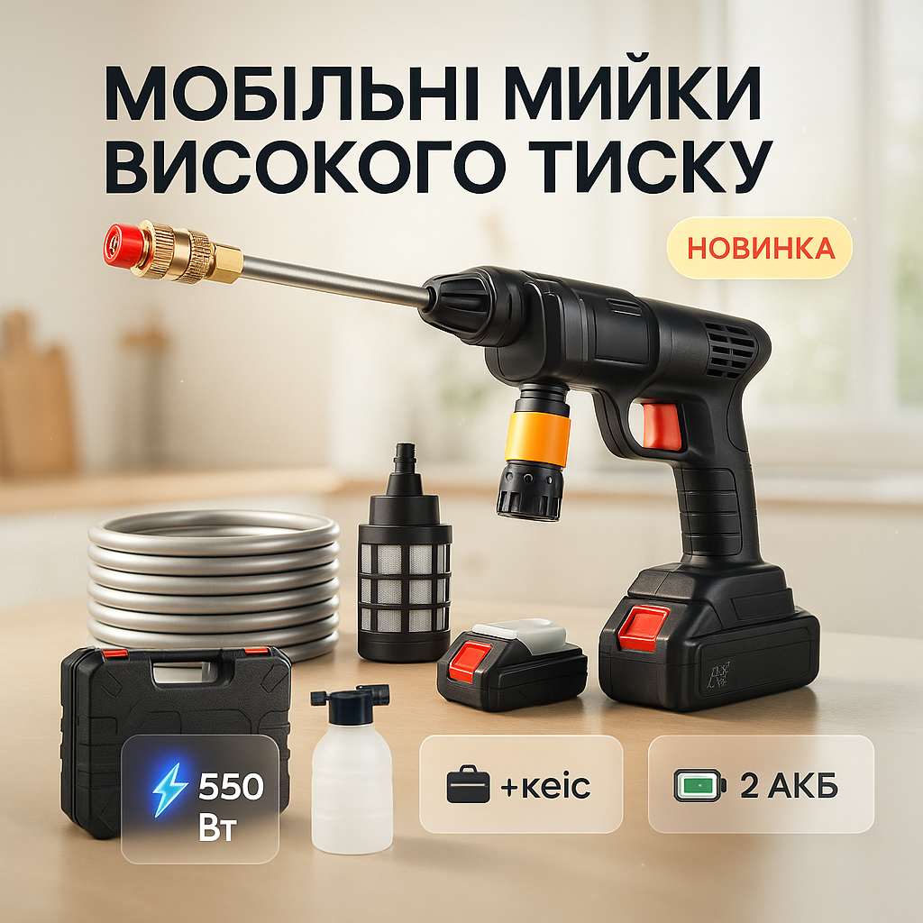 Акумуляторна Мийка з 2-ма АКБ Портативна Ручна Високого Тиску Універсальна - Зображення 6